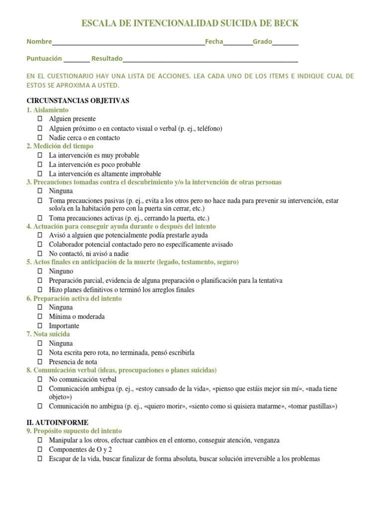 Escala de Intencionalidad Suicida de Beck | PDF | Suicidio | Bienestar